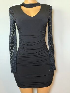Honey and Rosie Black Ruched Mini Dress with Lace Sleeves